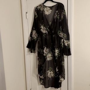 Ashley Stewart, High-low, sheer floral (black, white and green) print top.